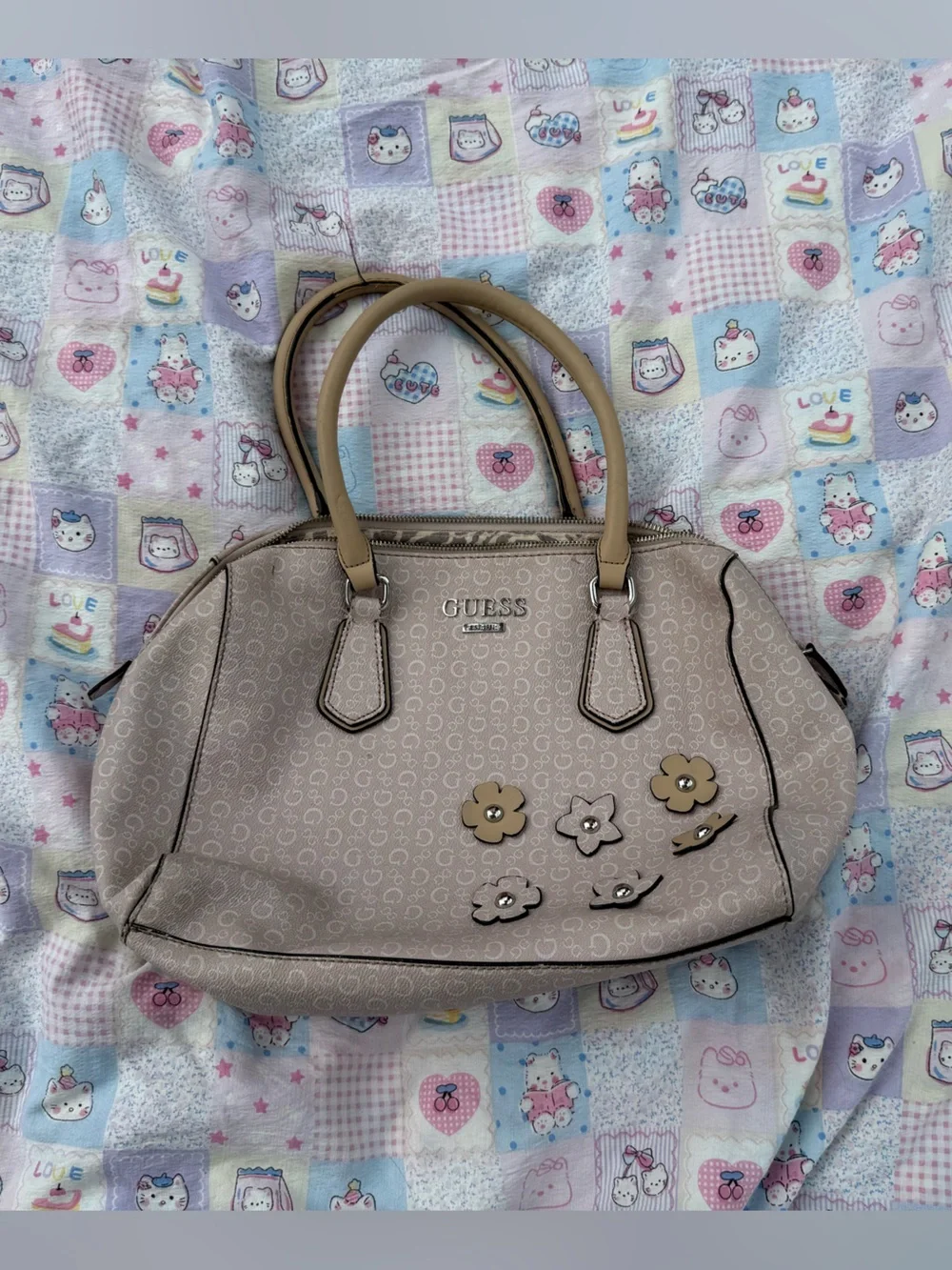 Vintage Guess Floral Accent Satchel Handbag with leopard interior